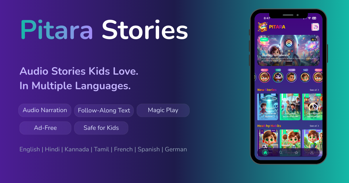 Pitara Stories app showing its story library